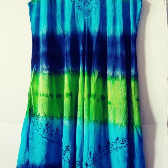 Three-tone green sleeveless sundresses blue and green free size - Picture 2 of 3